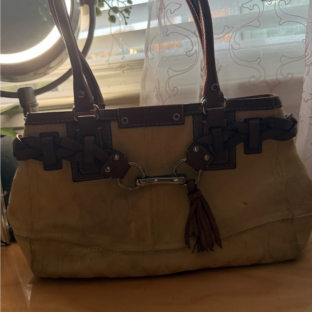 Coach Cream Canvas Shoulder Bag with Brown Leather Trim